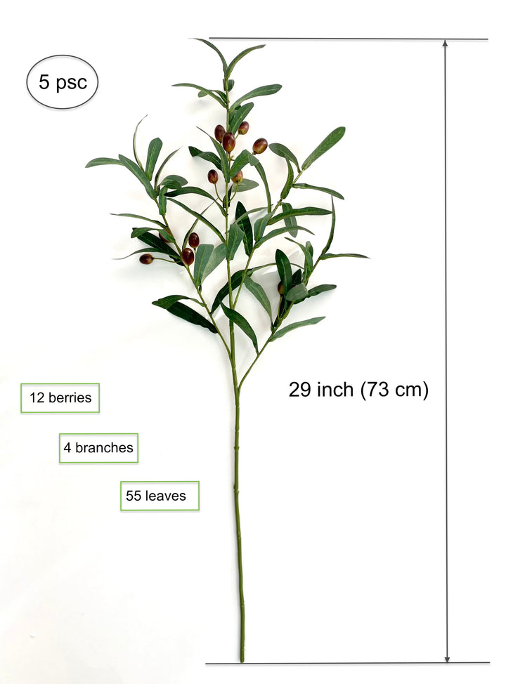 Set of 5 - Artificial Olive Branches: Lifelike Faux Olive Stems, 30 Inches (76-78cm) Each with Berries - Perfect for Vase and Home Decor